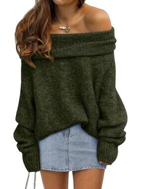 〽️Women's Army Green Off Shoulder Loose Oversized Knit Pullover Sweater Fall Top